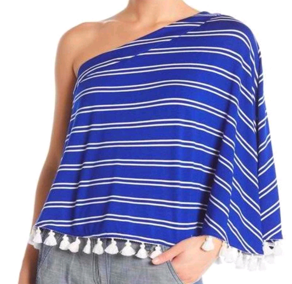 Trina Turk Pomona Stripe One Shoulder Top Size Small Tasseled Resort Coastal